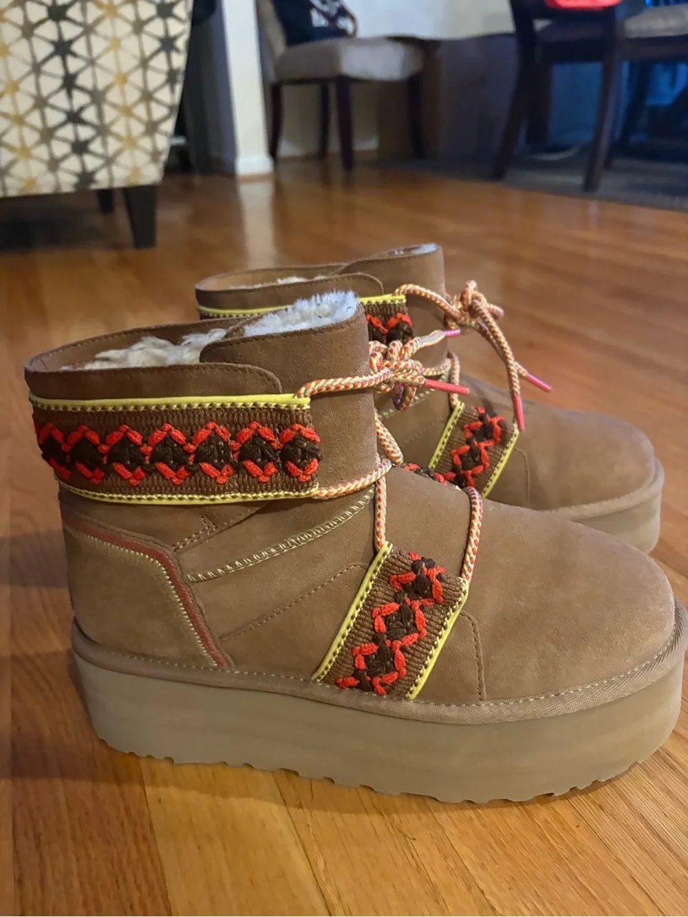UGG Tan Suede Platform Ankle Boots with Red and Yellow Embroidered Trim